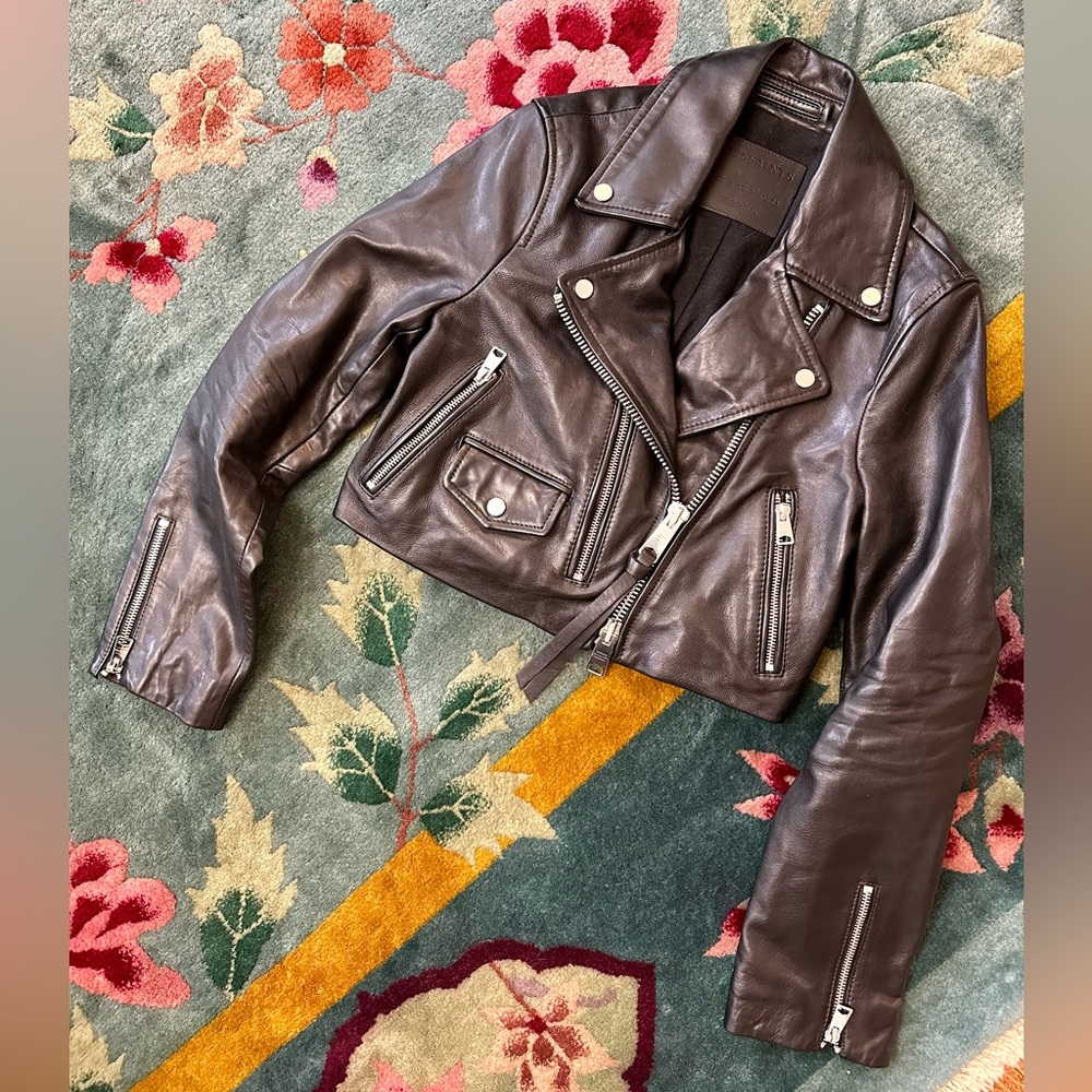 All Saints Black Leather Crop Biker Jacket - Picture 9 of 14